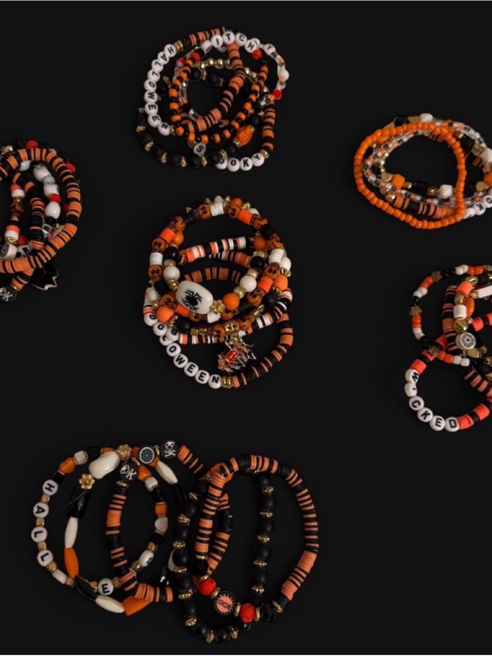 Halloween-Inspired Orange & Black Beaded Stretch Bracelet Set